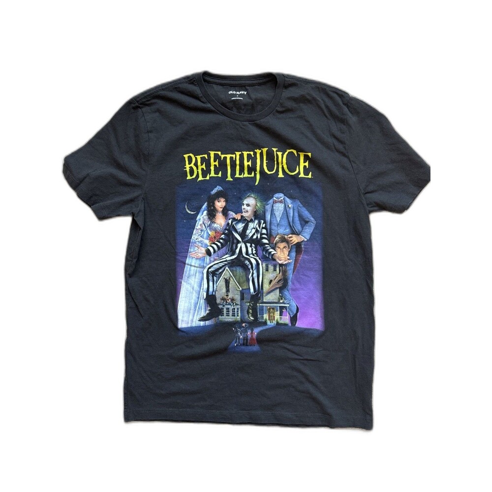 Old Navy Mens Medium Black Beetlejuice Graphic Short Sleeve Crew Neck Tee